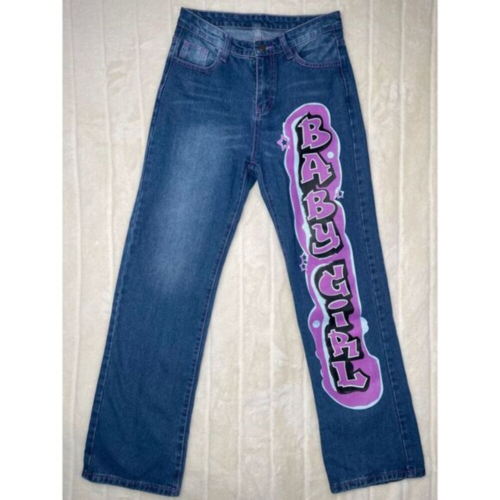 Kollyy Jeans Womens Medium Blue Light Wash Denim Baby Girl Graffiti‎ Print Pink